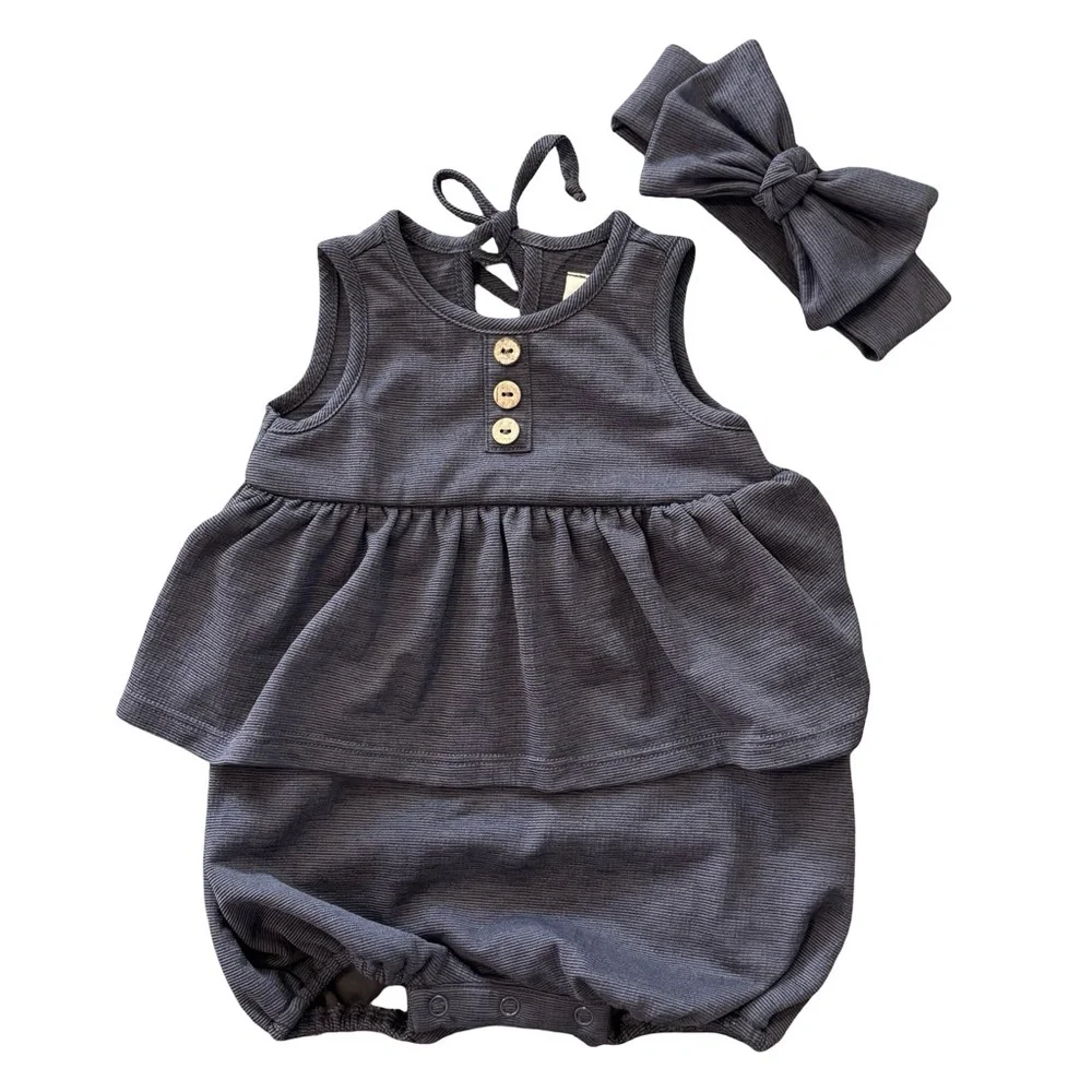 Mabel & Homey Navy Romper Outfit w/ Headband Set 6 months Baby Girl Spring